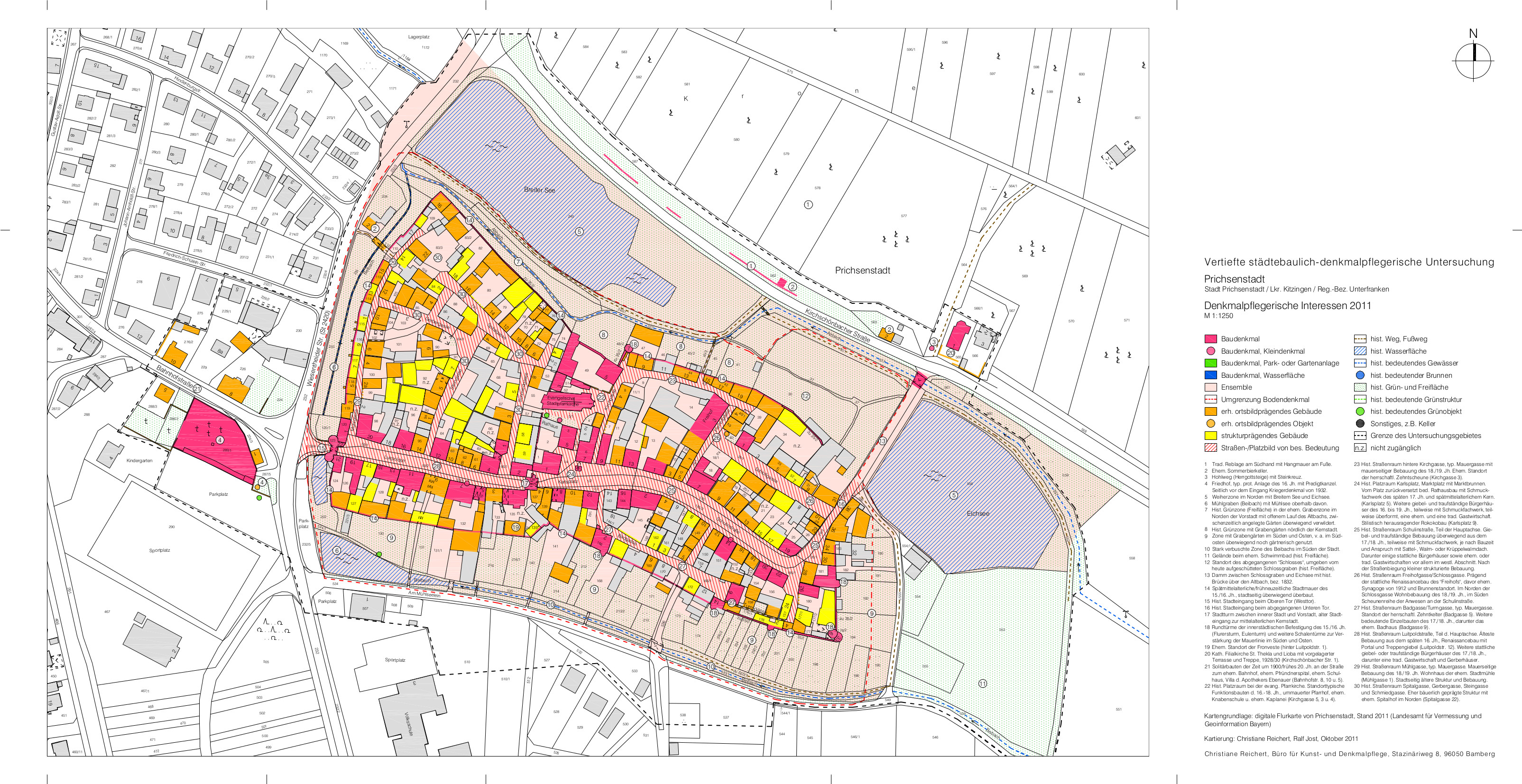 Karte der denkmalpflegerischen Interessen für die Stadt Prichsenstadt (Lkr. Kitzingen). Zeichnung: Christiane Reichert/Ralf Jost, 2011
