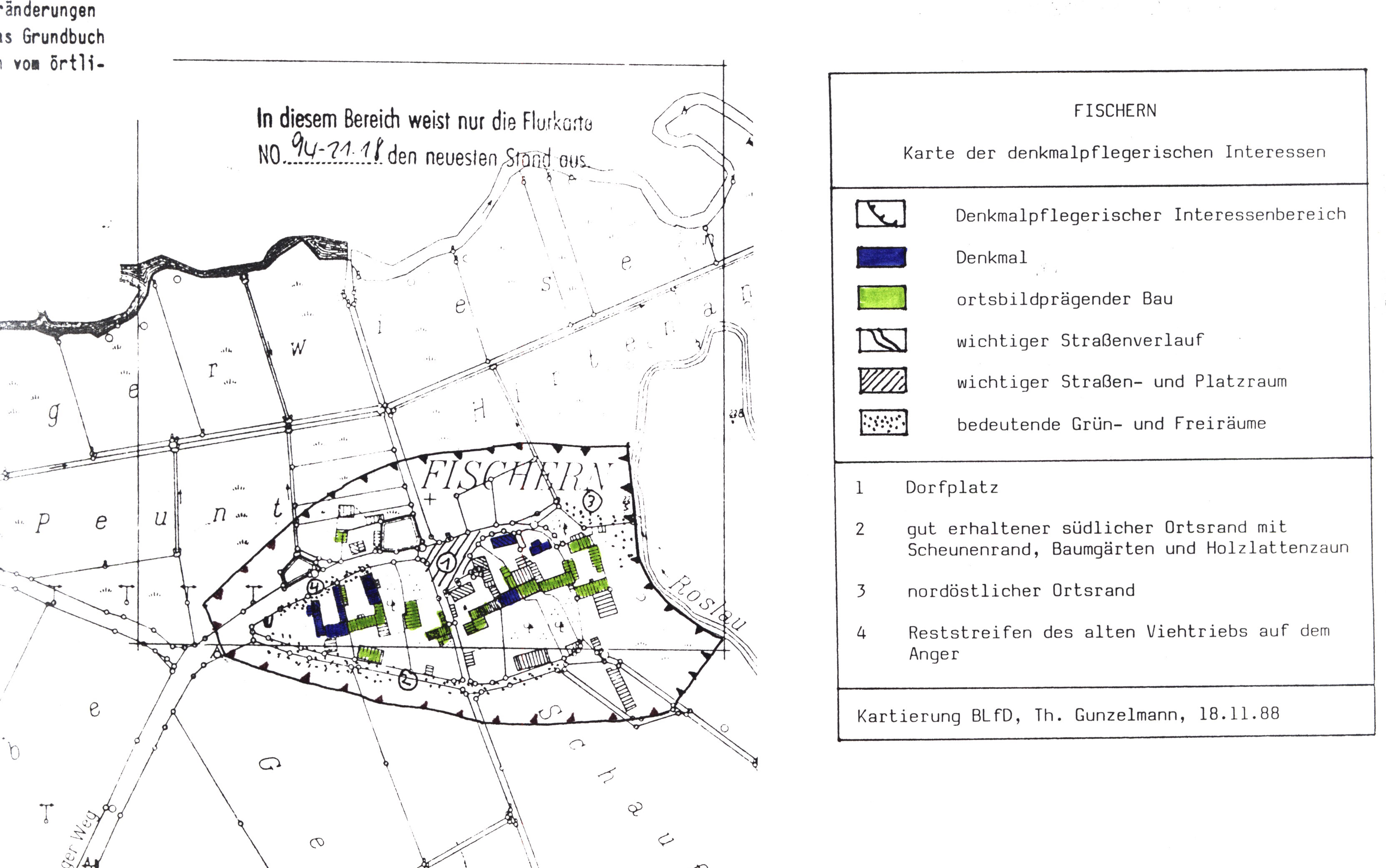 Karte der denkmalpflegerischen Interessen für das Dorf Fischern (Lkr. Wunsiedel). Zeichnung: Thomas Gunzelmann, 1988